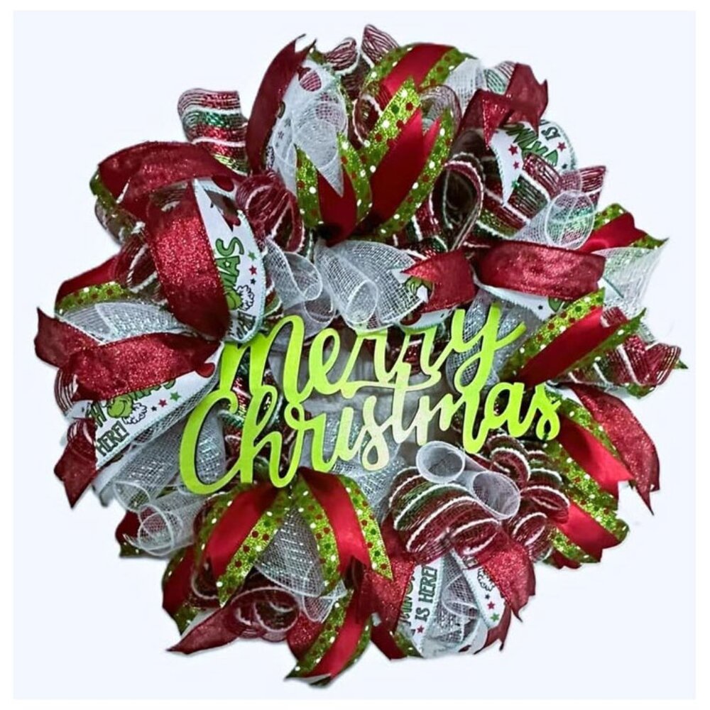 Grinch-Themed "Merry Christmas" Deco Mesh Wreath, 22 Inch